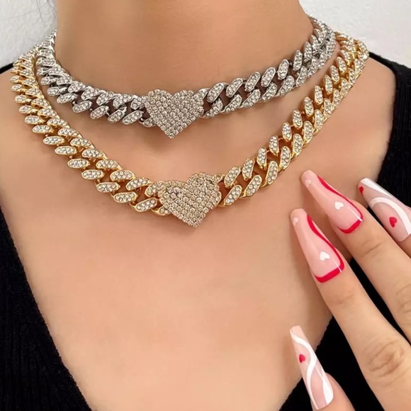 SILVER SUPER HOT HEAVY ICED OUT MIAMI CUBAN LINK HEART CHAIN CHOKER SEXY BLING - Picture 4 of 4